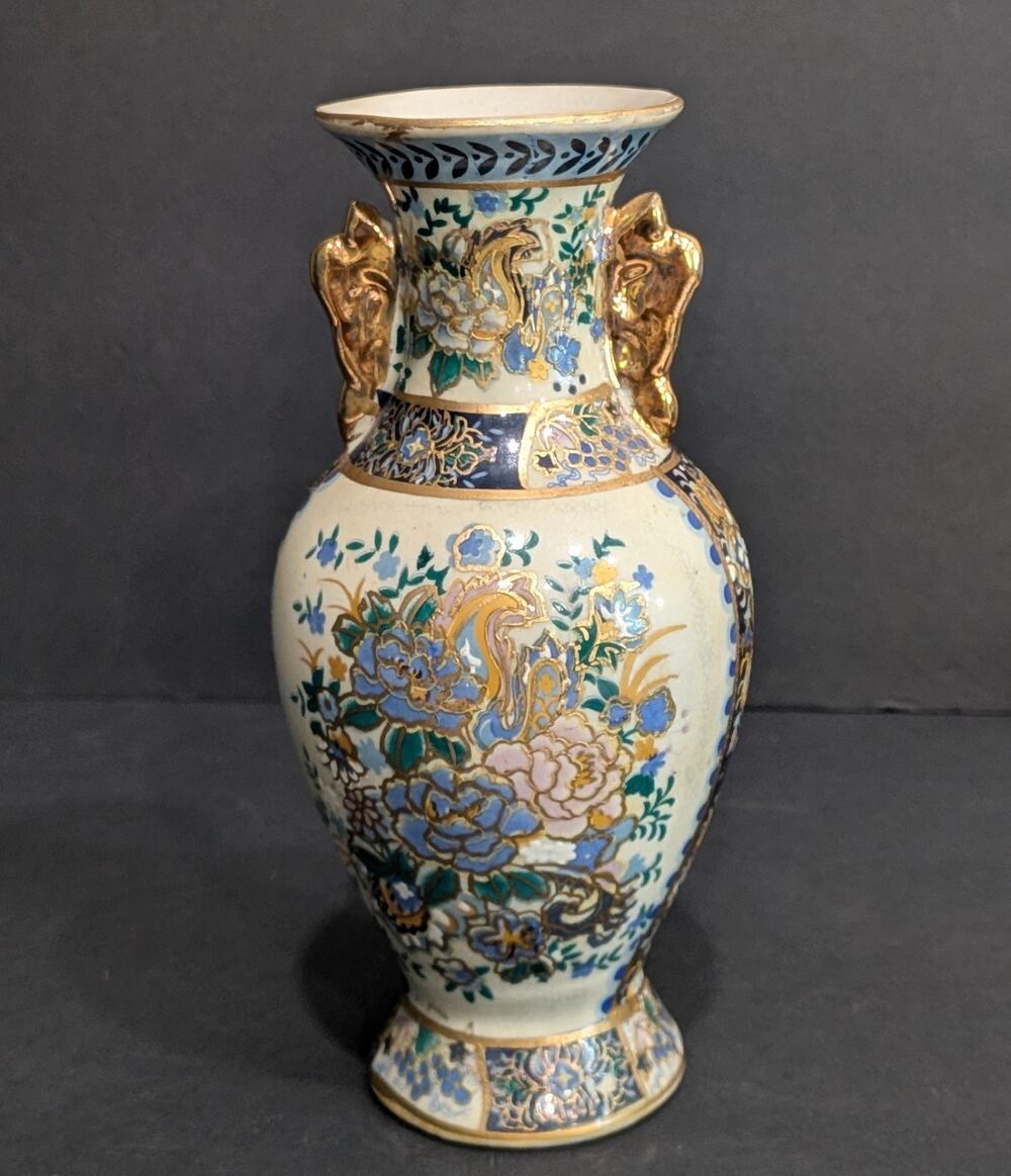 Vintage Japanese Satsuma Moriage Vase Gold Gilt Champleve Style Split Handle 12"